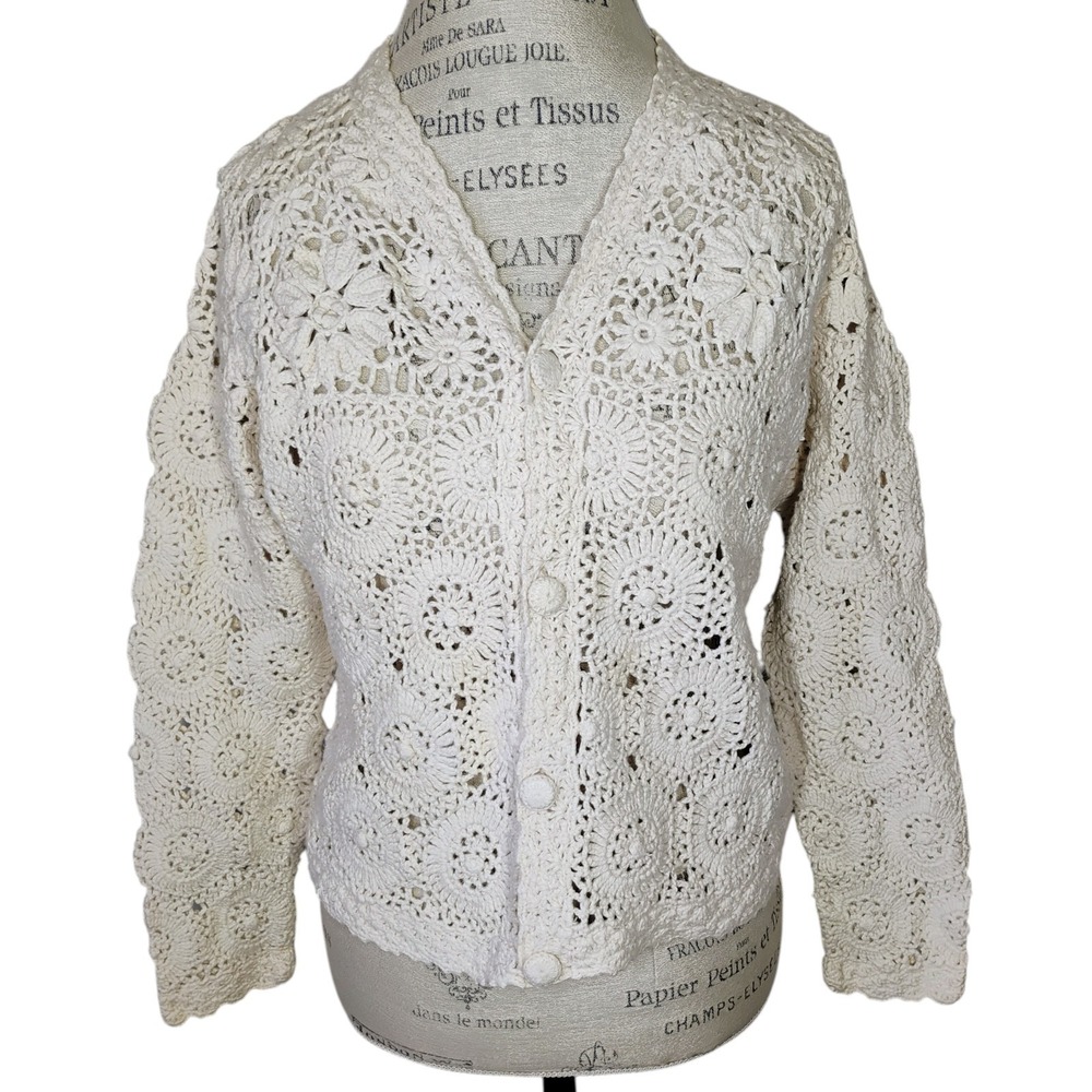 Vintage OBR‎ Ivory Knit Crochet Cardigan Sweater Womens Free Size Bohemian Boho
